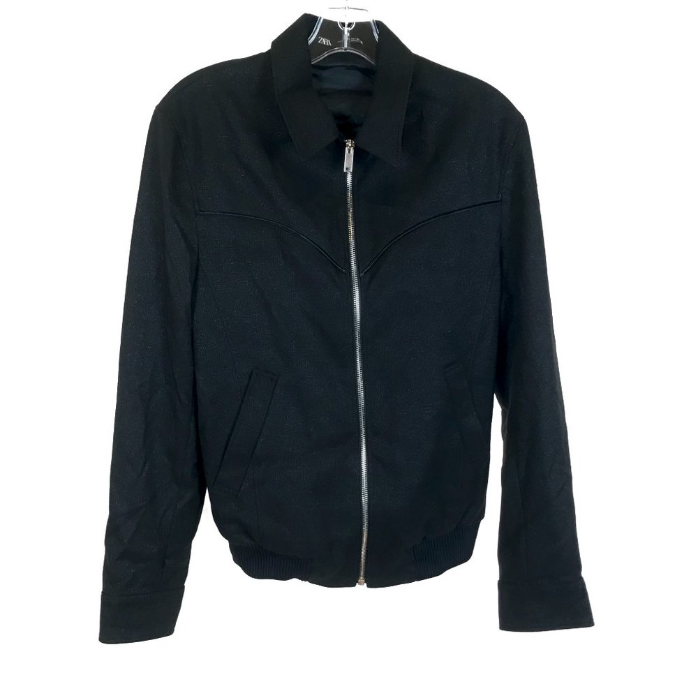 NWOT Womens Size Medium ZARA Black Full Zip Shimmer Bomber Jacket